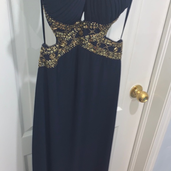 Laura Luxurious Dark Blue Long Dress Open Back with Gold Crystals - Picture 3 of 13